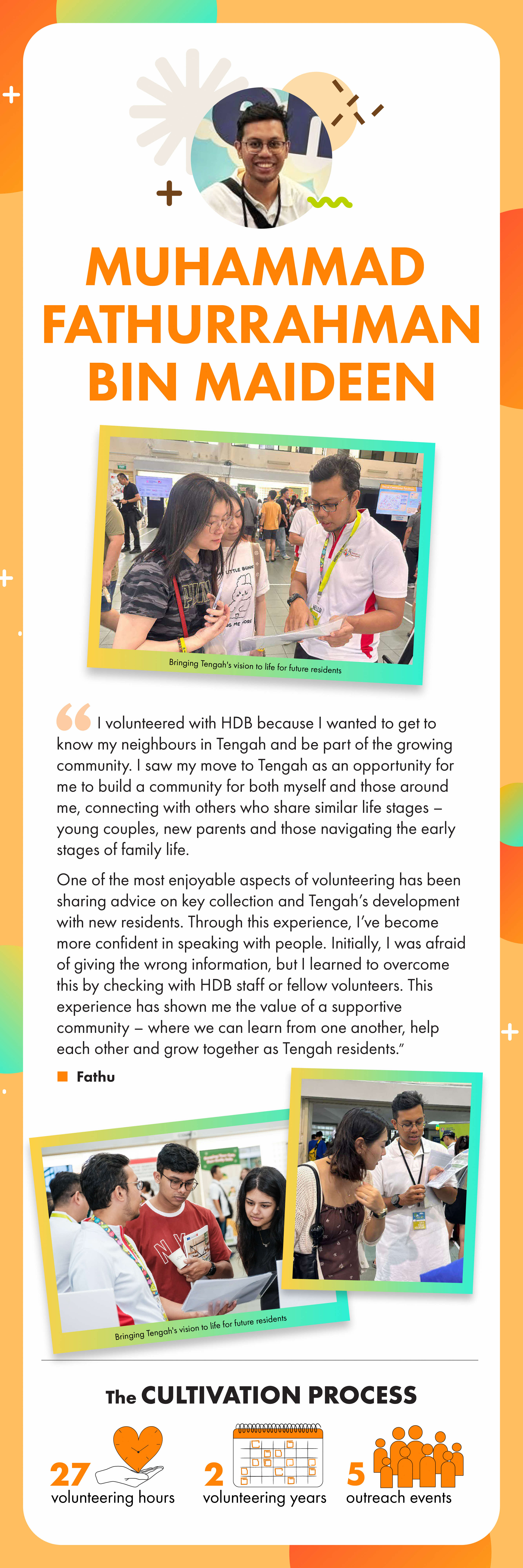 Infographic featuring photos and a quote from Muhammad Fathurrahman bin Maideen on his volunteering journey