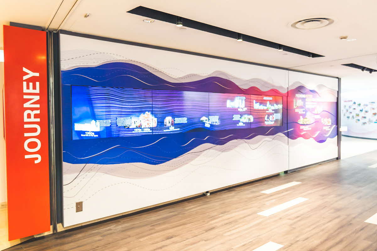 Entrance panel of HDB LIVINGSPACE Gallery showing the development of Singapore's public housing.