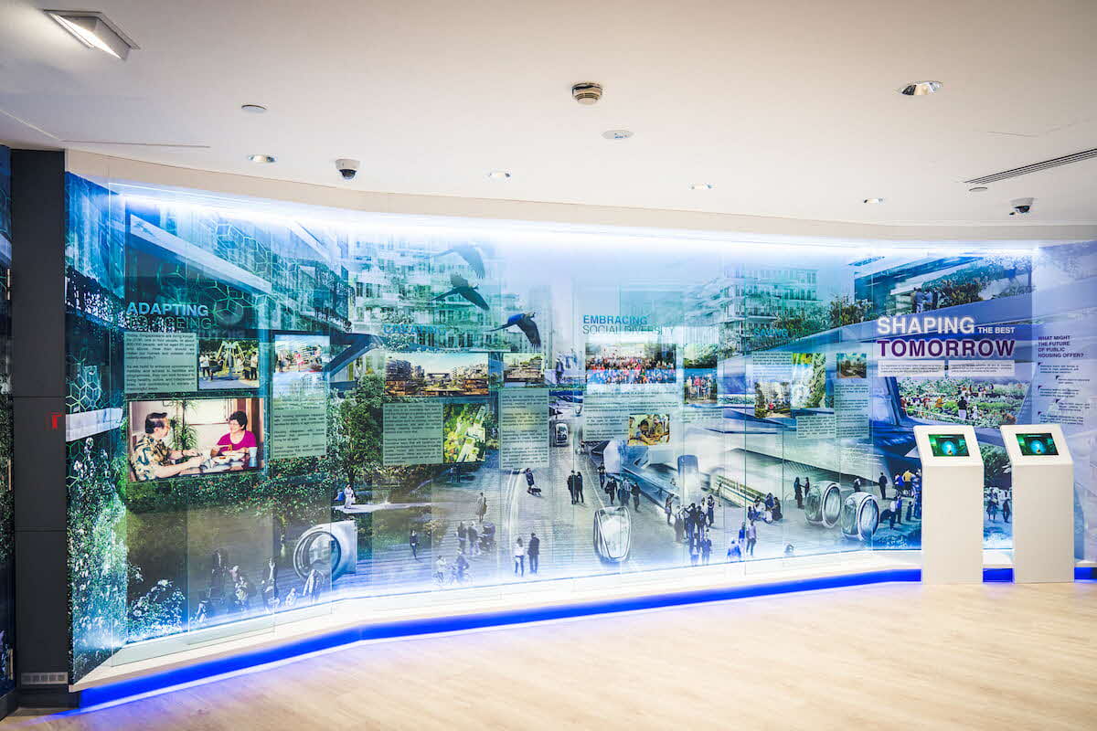 Exhibition panels showing future opportunities and challenges for Singapore's public housing.