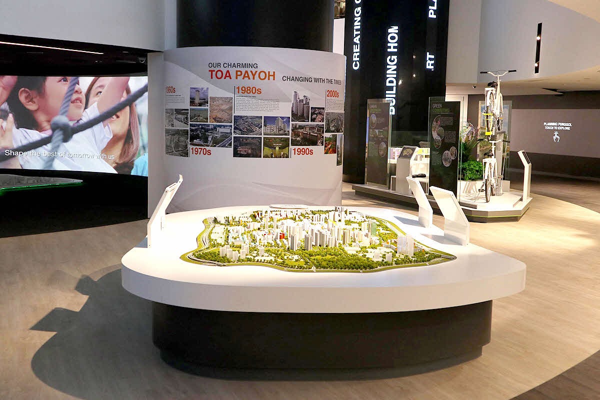 Town model showing the locations of HDB's upgrading and rejuvenation programmes.