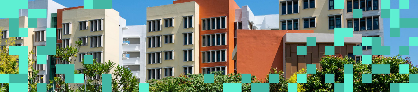 A photo of HDB blocks with pixel graphics overlaid.