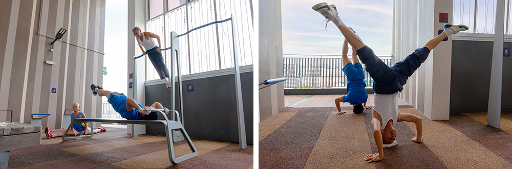 Exercises range from stretches and handstands to spinning cartwheels on pull-up bars