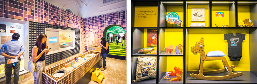 The mosaic playground-inspired gallery at ‘The More We Get Together: Singapore’s Playgrounds 1930 - 2030’ exhibition showcases several HDB heritage playgrounds; (on the right): Assortment of merchandise inspired by HDB playgrounds