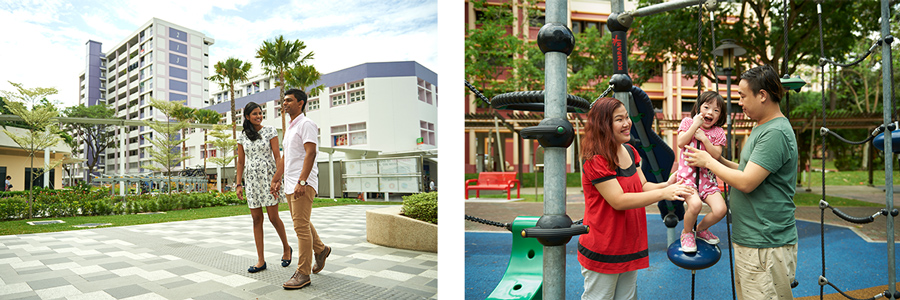Left: A couple taking a stroll around the rejuvenated Bedok Town Centre; Right: Family time at a playground in Woodlands