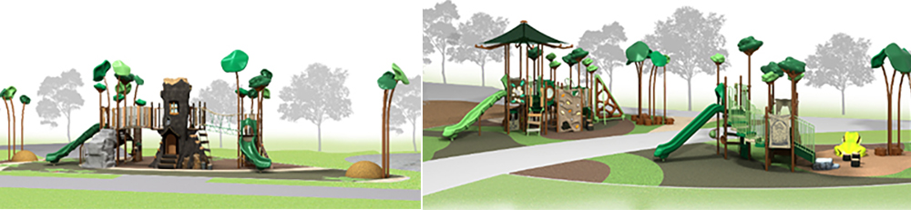 Artist’s impressions of themed playgrounds resembling treehouses, rainforest canopies, and forest creatures